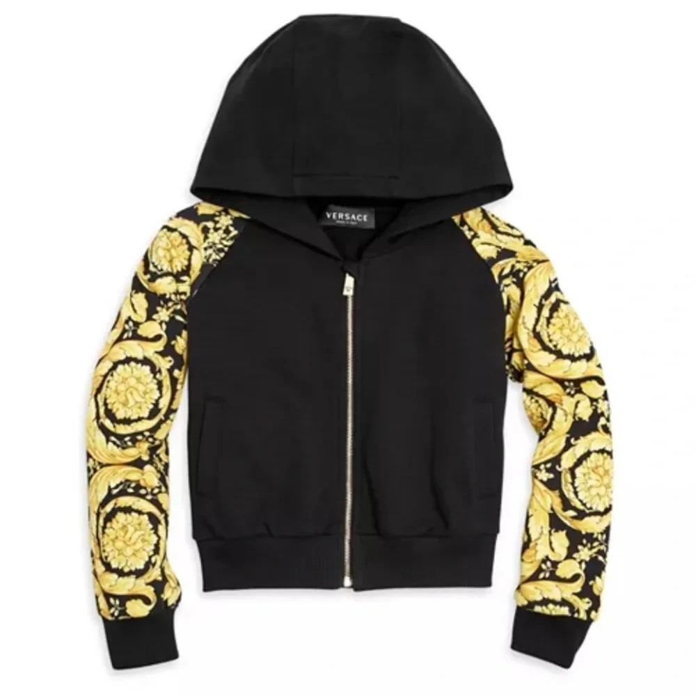 Versace Girls' Barocco Zip Hoodie Black Gold Size 10 NWT $375‎